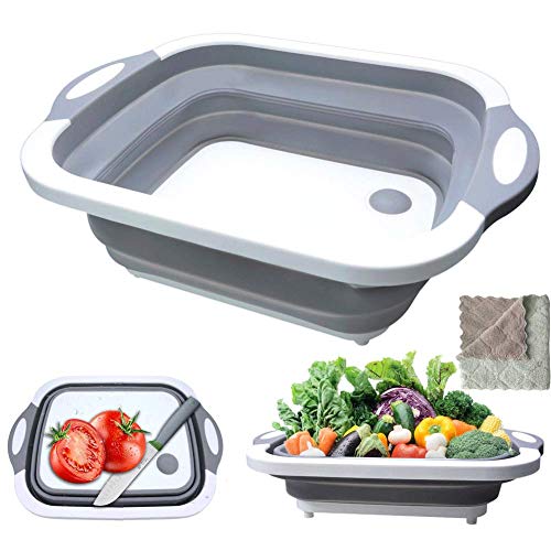 Gintan Tabla de Cortar Plegable Multifunción Tabla de Cortar Cocina con Colador y Toalla,3 in 1 Tabla para Cortar Cesta de Drenaje para Cocina Frutas Verduras(Gris