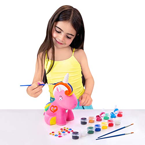 GirlZone Regalos para Niñas - Hucha Unicornio para Pintar - Kit Pintura para Niñas y Accesorios Infantiles -Pinceles, Colores y Gemas - Regalo Original Cumpleaños y Fiestas