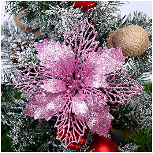 GL-Turelifes - Pack de 12 flores de Pascua artificiales con purpurina para árbol de Navidad, 16 cm de diámetro, cuerdas de color color verde