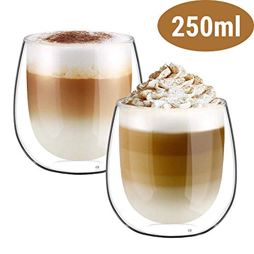 Glastal 250ml Vaso de Vidrio de Borosilicato de Aislamiento Térmico de Doble Pared para Café, Leche, Té y Más, Conjunto de 2