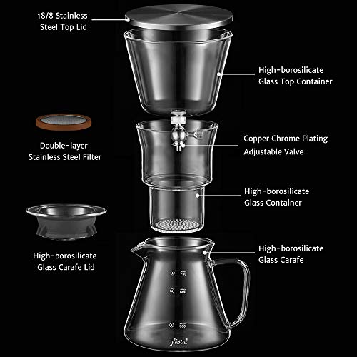 Glastal Cold Brew Dripper 600ml / 4 tazas Cafetera de goteo frío hecha de vidrio de borosilicato y acero inoxidable 18/8 Cafetera ajustable para café y té preparado en frío