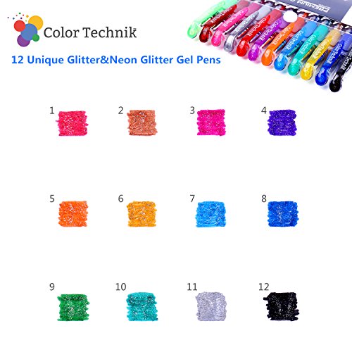 Glitter Gel Pens from Color Technik, Set of 12 Professional Artist Quality Pens. Best Gel Pen Colours with Comfort Grip. Enhance Your Adult Colouring Book