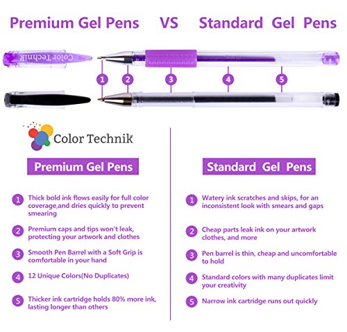 Glitter Gel Pens from Color Technik, Set of 12 Professional Artist Quality Pens. Best Gel Pen Colours with Comfort Grip. Enhance Your Adult Colouring Book