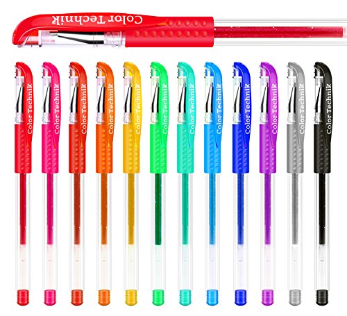 Glitter Gel Pens from Color Technik, Set of 12 Professional Artist Quality Pens. Best Gel Pen Colours with Comfort Grip. Enhance Your Adult Colouring Book