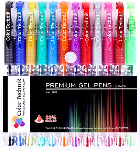 Glitter Gel Pens from Color Technik, Set of 12 Professional Artist Quality Pens. Best Gel Pen Colours with Comfort Grip. Enhance Your Adult Colouring Book