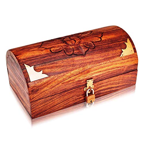 Global Village Bazaar - Joyero decorativo de madera hecho a mano con cerradura y organizador de joyas de llaves, caja de recuerdos, caja de joyería, caja de joyería, caja de candado de 22,86 x 12,7 cm