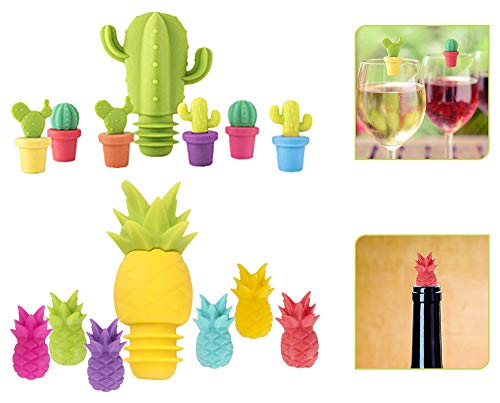 GLOBALDREAM Tapones de Vino Marcador de Copa de Silicona, 2 Piezas Tapones de Botellas con 12 Piezas Marcadores de Copas de Vino para Banquete de Fiesta, Estilo Cactus y Piña