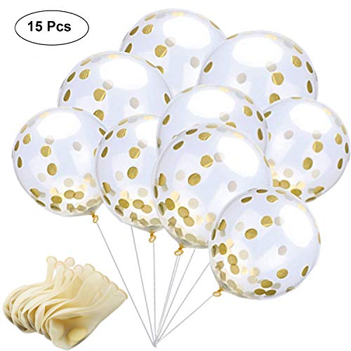 Globos de Confeti Dorado, 12 Pulgadas Globos de Fiesta de Latex Transparentes con Puntos de Confeti de Papel Dorado para Decoraciones de Cumpleaños, Bodas o Fiestas (15 Piezas) (globos de oro)