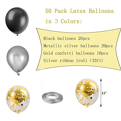 Globos de Confeti Negros y Dorados, paquete de 50 Globos plateados, Globos de Látex de 12 pulgadas para Fiestas de Cumpleaños, Graduación, Bodas, Decoración con Cinta Plateada