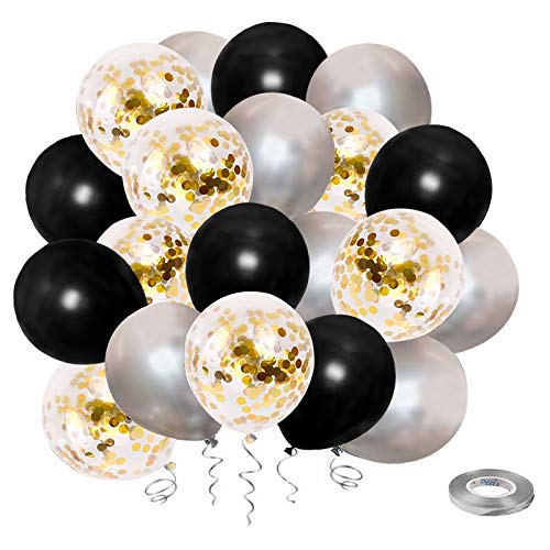 Globos de Confeti Negros y Dorados, paquete de 50 Globos plateados, Globos de Látex de 12 pulgadas para Fiestas de Cumpleaños, Graduación, Bodas, Decoración con Cinta Plateada