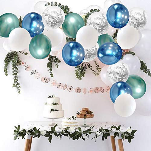 Globos de Cumpleaños Azules Verdes Blancos Plata Globos Helio 30cm Metalizados Confeti Globo Set con 10m Cinta para Boda Niño Comunion Bautizo Baby Shower Aniversario Fiestas Decoración