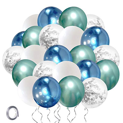 Globos de Cumpleaños Azules Verdes Blancos Plata Globos Helio 30cm Metalizados Confeti Globo Set con 10m Cinta para Boda Niño Comunion Bautizo Baby Shower Aniversario Fiestas Decoración