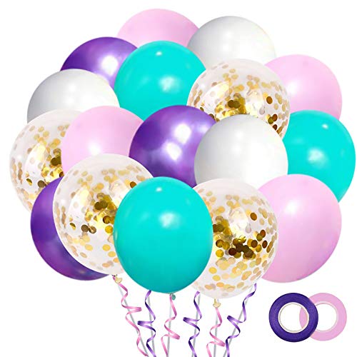 Globos de Sirena Azul Rosa, paquete de 50 Globos de Confeti Dorados para Fiestas de 12 pulgadas, Globos Metálicos Morados a Juego con 2 rollos de Cinta para Fiestas de Cumpleaños de Unicornio y Sirena