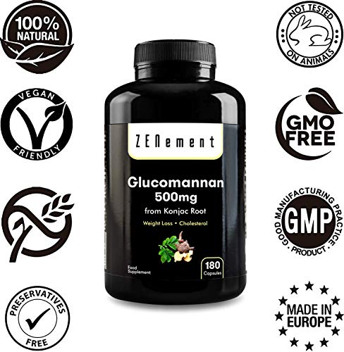 Glucomanano 500 mg, 180 Cápsulas | Fibra vegetal de la raíz de konjac | 100% Natural, Vegano, No-GMO, libre de aditivos, sin gluten | de Zenement