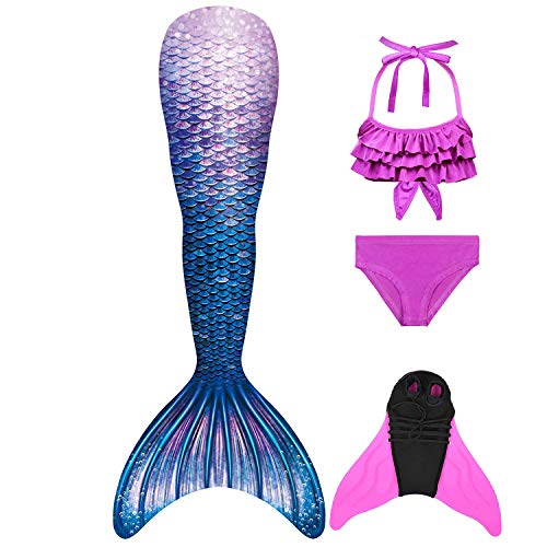 GNFUN Traje de baño de Cola de Sirena para niñas con Princesa de Sirena Traje de baño de Cosplay para Nadar con Bikini y Monofin, Juego de 4