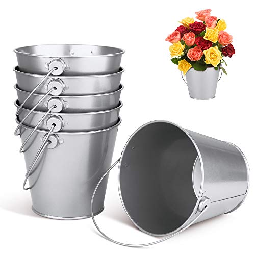 Gobesty Mini Cubo de Metal Plateado, 6 Piezas Contenedores de hojalata galvanizados pequeños envases de hojalata con Asas para Fiesta Boda Candy Votive Velas Baratijas Plantas pequeñas, 10.5 * 12cm