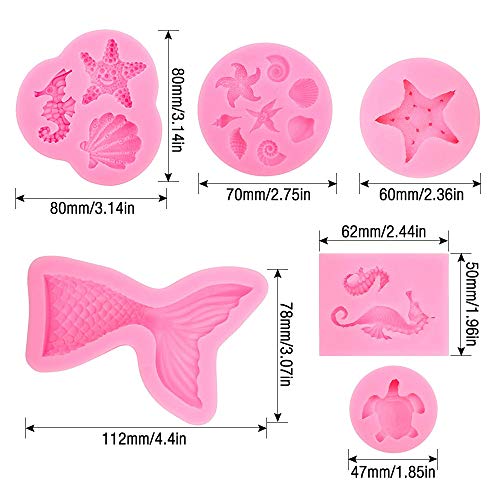 Gobesty Moldes para pasteles de fondant, 6 piezas Molde de cola de sirena Moldes de silicona animal DIY Set Molde de concha marina y molde de cola de sirena Molde de chocolate Moldes de gelatina