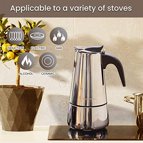 Godmorn Cafetera Italiana, Cafetera espressos en Acero inoxidable430, 10tazas(450ml),Conveniente para la Cocina de inducción,Cafetera Moka Clásica, Plata, Uso Doméstico y en la Oficina.