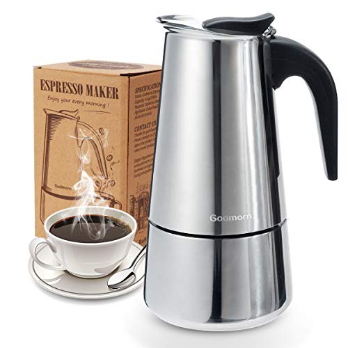 Godmorn Cafetera Italiana, Cafetera espressos en Acero inoxidable430, 10tazas(450ml),Conveniente para la Cocina de inducción,Cafetera Moka Clásica, Plata, Uso Doméstico y en la Oficina.