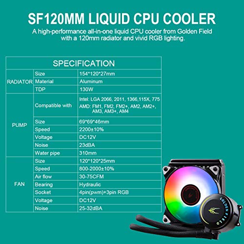 Golden Field SF120 RGB - Enfriador de CPU líquido todo en uno con radiador de 120 mm enfriador de agua AMD Intel CPU enfriador de agua