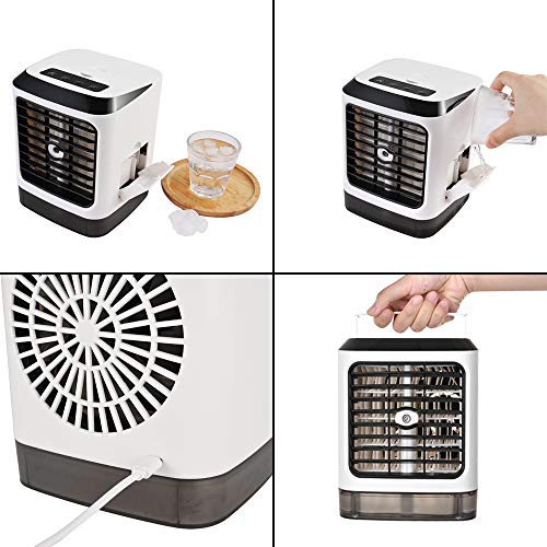 GOLDGE Mini Aire Acondicionado Portátil, Mini Enfriador Portátil USB Aire Acondicionado 3 en 1 Ventilador Purificador Humidificador para Hogar Oficina, 7 LED de Colores, 3 Velocidades Ajustable