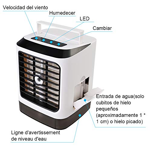 GOLDGE Mini Aire Acondicionado Portátil, Mini Enfriador Portátil USB Aire Acondicionado 3 en 1 Ventilador Purificador Humidificador para Hogar Oficina, 7 LED de Colores, 3 Velocidades Ajustable