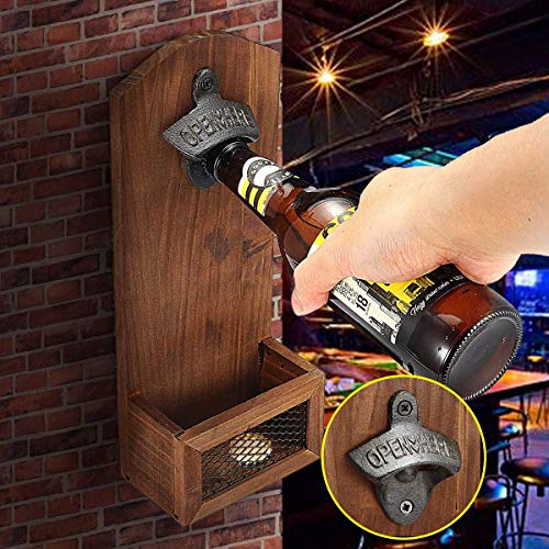 goldmiky Abridor Cerveza,Abrebotellas de Pared, Abridor de Botellas de Madera con Estilo Retro, Hay Una Cestilla Pequeña para Guardar Tapas de Botella,abrelatas Colgante y Tenedor de la Tapa