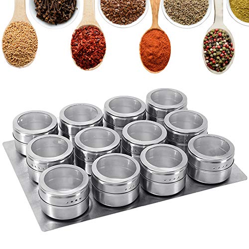 GoMaihe Especias de Cocina Tarro, Frascos de Especias Magnéticas de Acero Inoxidable, Transparente Frascos de Especias Redondos, 12 Pegatinas, 120 Etiquetas de Especias, 1 Bolígrafo, 1 Bandeja