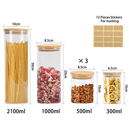 GoMaihe Tarro de Vidrio de Almacenamiento 6Pcs, Tarros de Cristal para Conservas Envases Cristal Alimentos, Tarro de Granos de Café Recipiente Hermetico Tarros de Cristal con Tapa, 0.35/0.6/1/2.3L