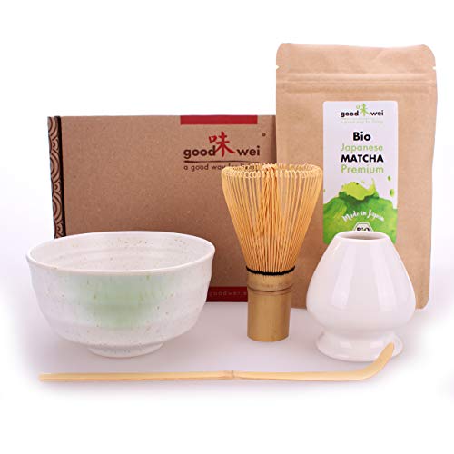 Goodwei Juego de Matcha - 30g Té Matcha Biológico Japonés (Shiro, con Soporte Batidor)