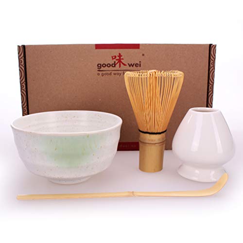 Goodwei Juego de té Matcha - Bol de té, batidor y Soporte Incl. Caja de Regalo (Blanco)