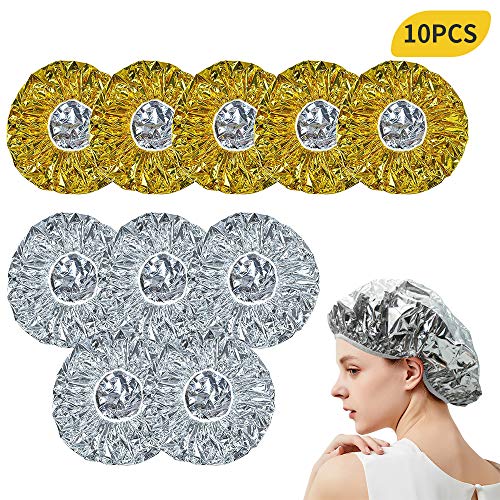 Gorro de Ducha Aluminio, ZoneYan 10Pcs Aluminio Gorro de Baño Elástico, Gorro de Papel de Aluminio, para Acondicionamiento Profundo|Colorear el Cabello|Ducha|Sauna|Spa|Doméstico (Plata+Oro)