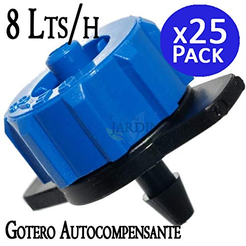 Gotero AUTOCOMPENSANTE 8 litros por hora. Gotero para riego agricola y jardineria. Gotero pinchado DESMONTABLE apto para microtubo. Presión trabajo 0,5 a 3,5 bar. Pack 25 goteros