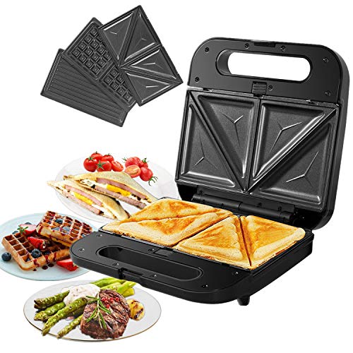 Gotoll Sandwichera 3 en 1 Eléctrica, Gofrera y Grill Plancha con Placas Desmontables Antiadherentes e Intercambiables, Asa de Toque Frío, Luces de Indicador, Potencia 700-800W, Libre BPA