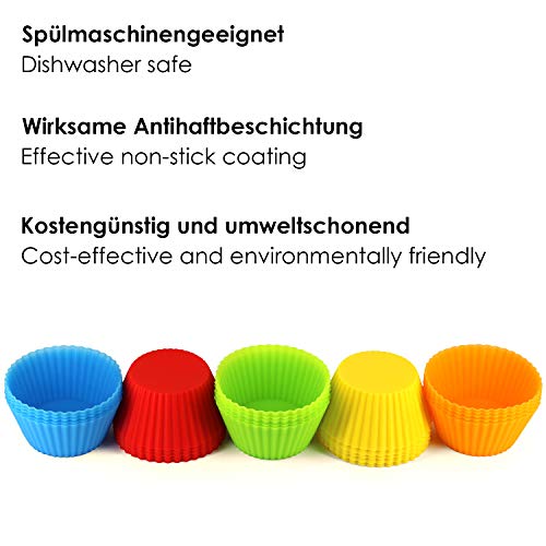 GOURMEO® 25 moldes para magdalenas y muffins en 5 divertidos colores, reutilizables, silicona de gran calidad, respetuosos con el medioambiente, Libres de BPA - moldes para hornear, moldes de silicona, moldes para pastelería