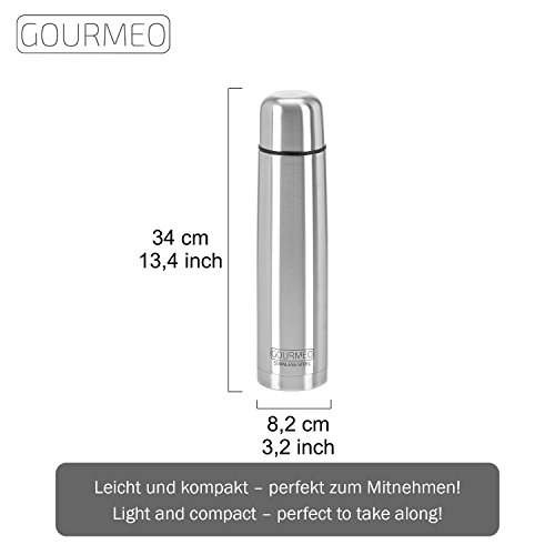 GOURMEO termo de acero inoxidable, 1 L, thermos, termos | aislamiento de doble pared con cierre de botón | termo de café, petaca, botella térmica de vacío