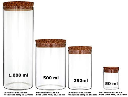 gouveo - Juego de 6 tarros de cristal de borosilicato con tapón de corcho, 250 ml