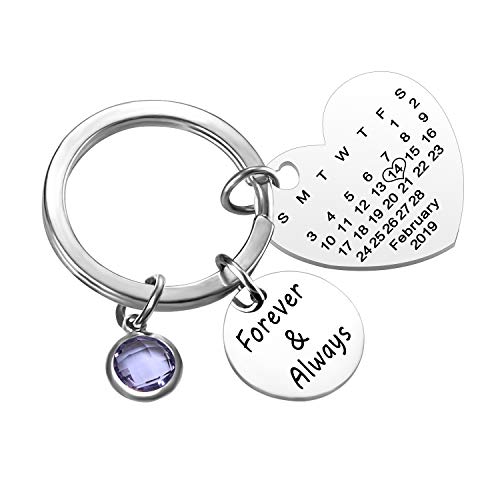 Grabado Personalizado Personalizado Calendario Fecha y Mensaje Llavero con Piedra de Nacimiento de Acero Inoxidable Llavero y Llavero Aniversario Regalo conmemorativo (Plata-2)