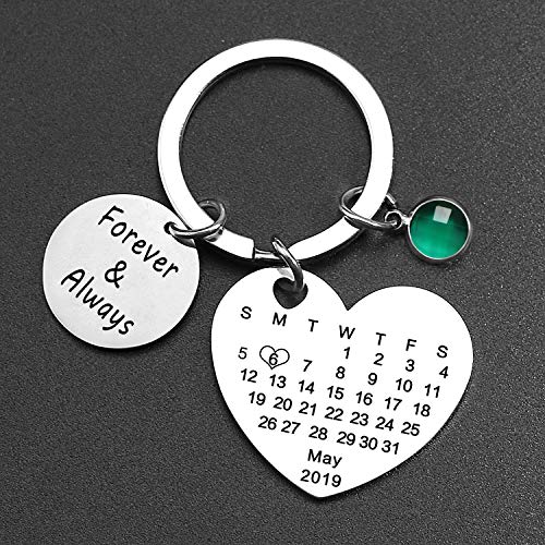 Grabado Personalizado Personalizado Calendario Fecha y Mensaje Llavero con Piedra de Nacimiento de Acero Inoxidable Llavero y Llavero Aniversario Regalo conmemorativo (Plata-2)