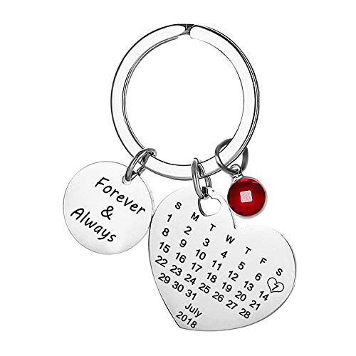 Grabado Personalizado Personalizado Calendario Fecha y Mensaje Llavero con Piedra de Nacimiento de Acero Inoxidable Llavero y Llavero Aniversario Regalo conmemorativo (Plata-2)