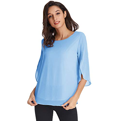 GRACE KARIN Blusa Moda Mujer Camisa de Gasa Casual Casual Cuello Redondo Flojo Tops Blusa PoliéSter Celeste Claro S CLAF15-6