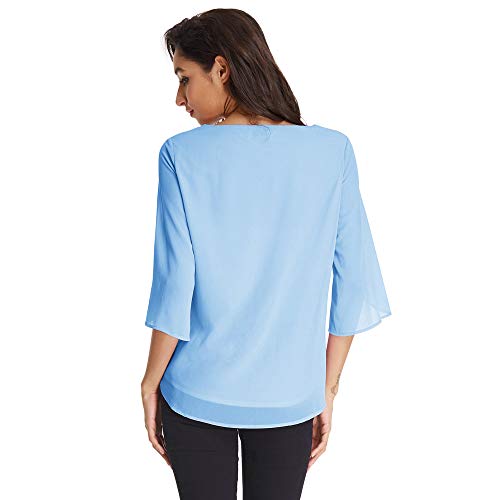 GRACE KARIN Blusa Moda Mujer Camisa de Gasa Casual Casual Cuello Redondo Flojo Tops Blusa PoliéSter Celeste Claro S CLAF15-6