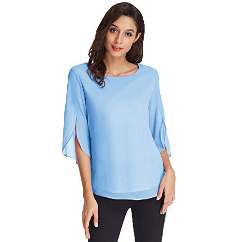 GRACE KARIN Blusa Moda Mujer Camisa de Gasa Casual Casual Cuello Redondo Flojo Tops Blusa PoliéSter Celeste Claro S CLAF15-6