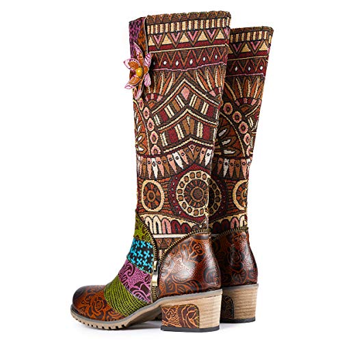 gracosy Botas de Cuero Mujer Otoño e Invierno 2019 Tacon Alto Estilo Bohemio Corte Retro Hecho a Mano Botas de Nieve Patrón de Flores Zapatos Calientes En el Medio Colorido