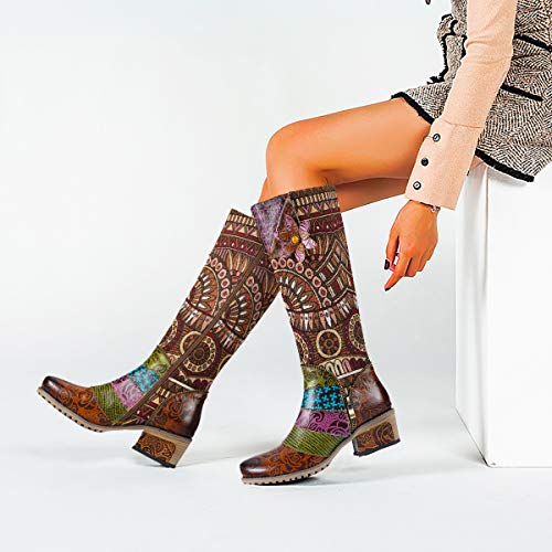 gracosy Botas de Cuero Mujer Otoño e Invierno 2019 Tacon Alto Estilo Bohemio Corte Retro Hecho a Mano Botas de Nieve Patrón de Flores Zapatos Calientes En el Medio Colorido