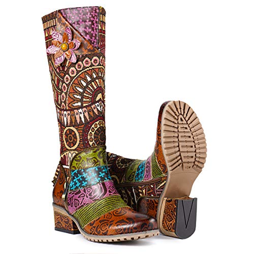 gracosy Botas de Cuero Mujer Otoño e Invierno 2019 Tacon Alto Estilo Bohemio Corte Retro Hecho a Mano Botas de Nieve Patrón de Flores Zapatos Calientes En el Medio Colorido