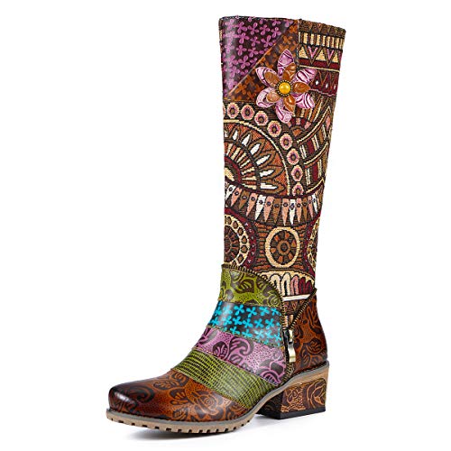 gracosy Botas de Cuero Mujer Otoño e Invierno 2019 Tacon Alto Estilo Bohemio Corte Retro Hecho a Mano Botas de Nieve Patrón de Flores Zapatos Calientes En el Medio Colorido