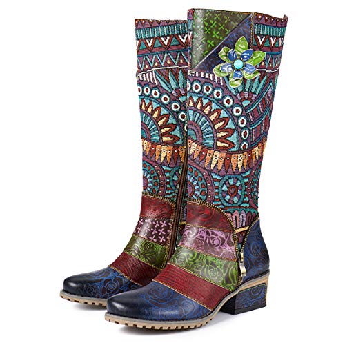 gracosy Botas de Cuero Mujer Otoño e Invierno 2019 Tacon Alto Estilo Bohemio Corte Retro Hecho a Mano Botas de Nieve Patrón de Flores Zapatos Calientes En el Medio Colorido