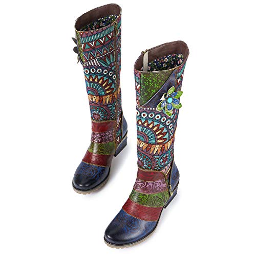 gracosy Botas de Cuero Mujer Otoño e Invierno 2019 Tacon Alto Estilo Bohemio Corte Retro Hecho a Mano Botas de Nieve Patrón de Flores Zapatos Calientes En el Medio Colorido