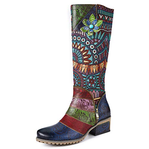 gracosy Botas de Cuero Mujer Otoño e Invierno 2019 Tacon Alto Estilo Bohemio Corte Retro Hecho a Mano Botas de Nieve Patrón de Flores Zapatos Calientes En el Medio Colorido